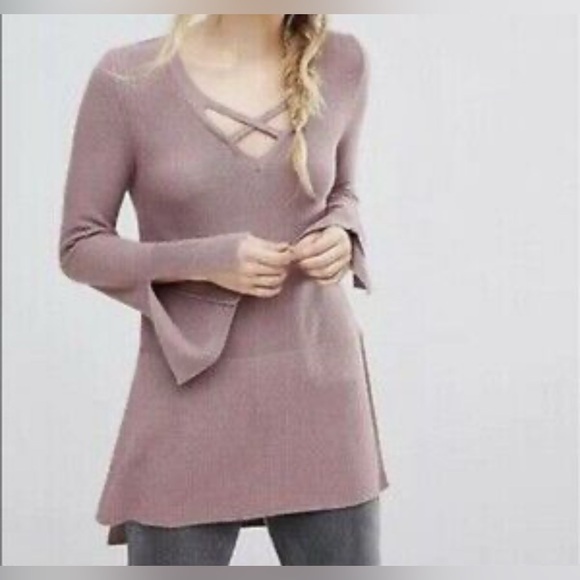 Free People Criss Cross Tunic Sweater Small Mauve Pink V Neck Ribbed Knit Boho - Picture 1 of 9